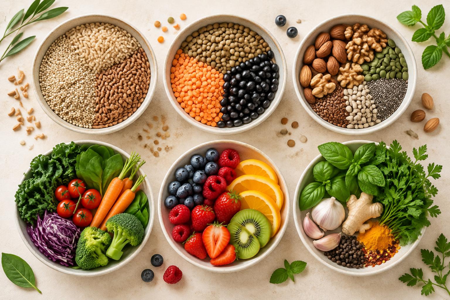 Overhead flat-lay of six bowls holding wholegrains, beans and lentils, nuts and seeds, vegetables, fruit, and herbs and spices
