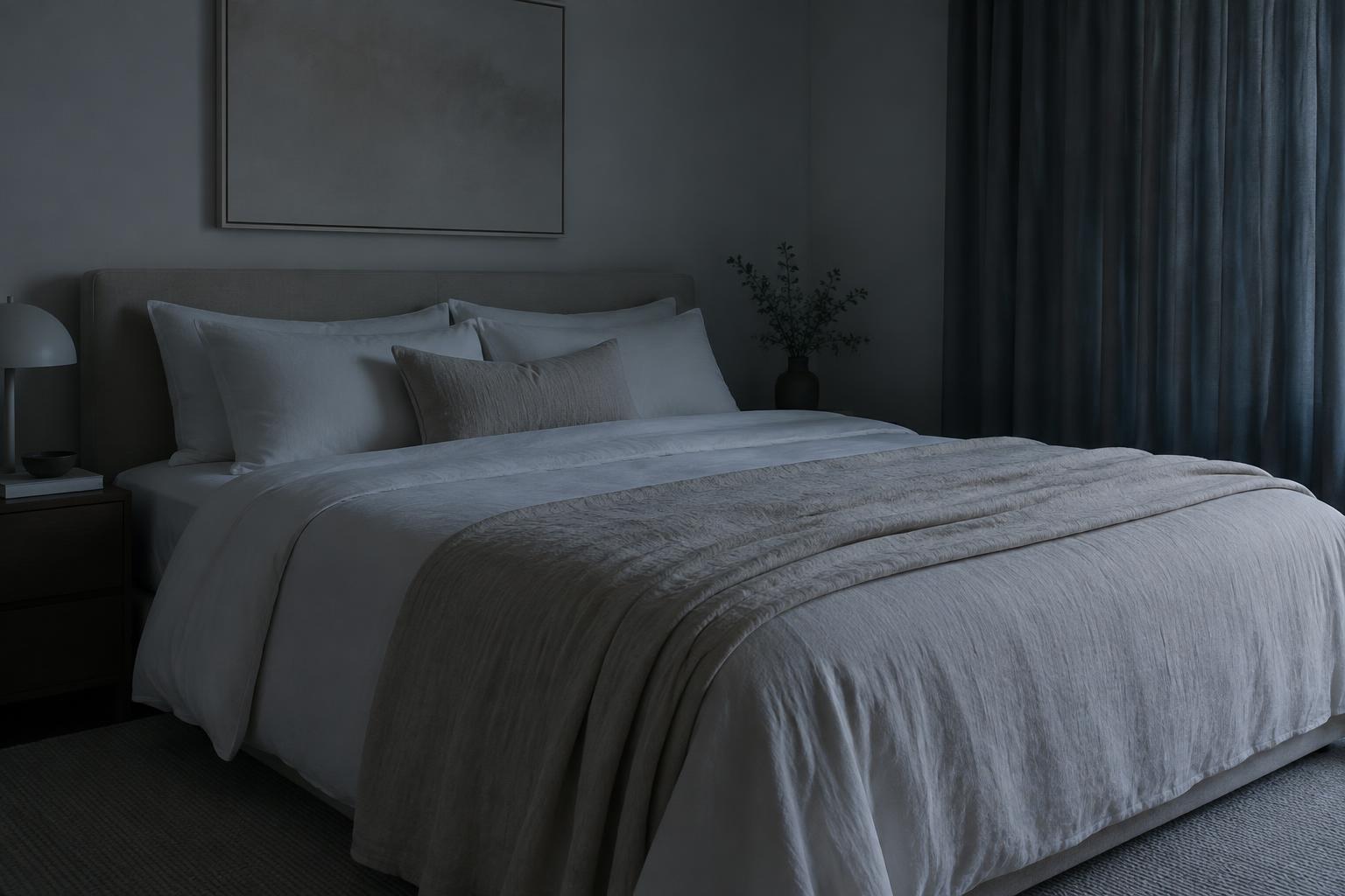 A neatly made bed with pale linen in a cool, dim bedroom